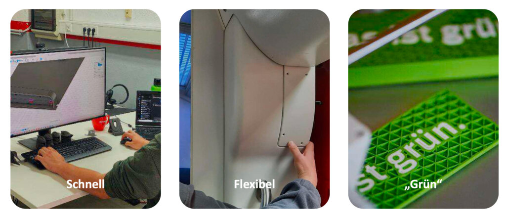 Zusammenstellung von drei Vorteilen des 3D-Drucks in Bildform. Die Vorteile lauten schnell, flexibel und grün.