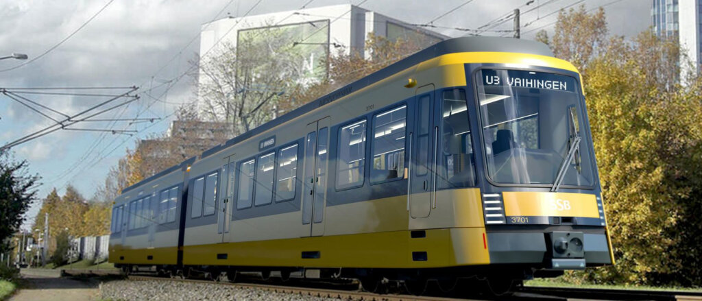 Die neue Straßenbahn vom Typ S-DT8.16 im Design der Tricon AG von der Seite.