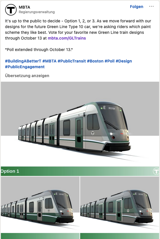 LinkedIn Beitrag zur Auswahl der Außenlackierung Tram-Fahrzeuge MBTA Boston Green Line